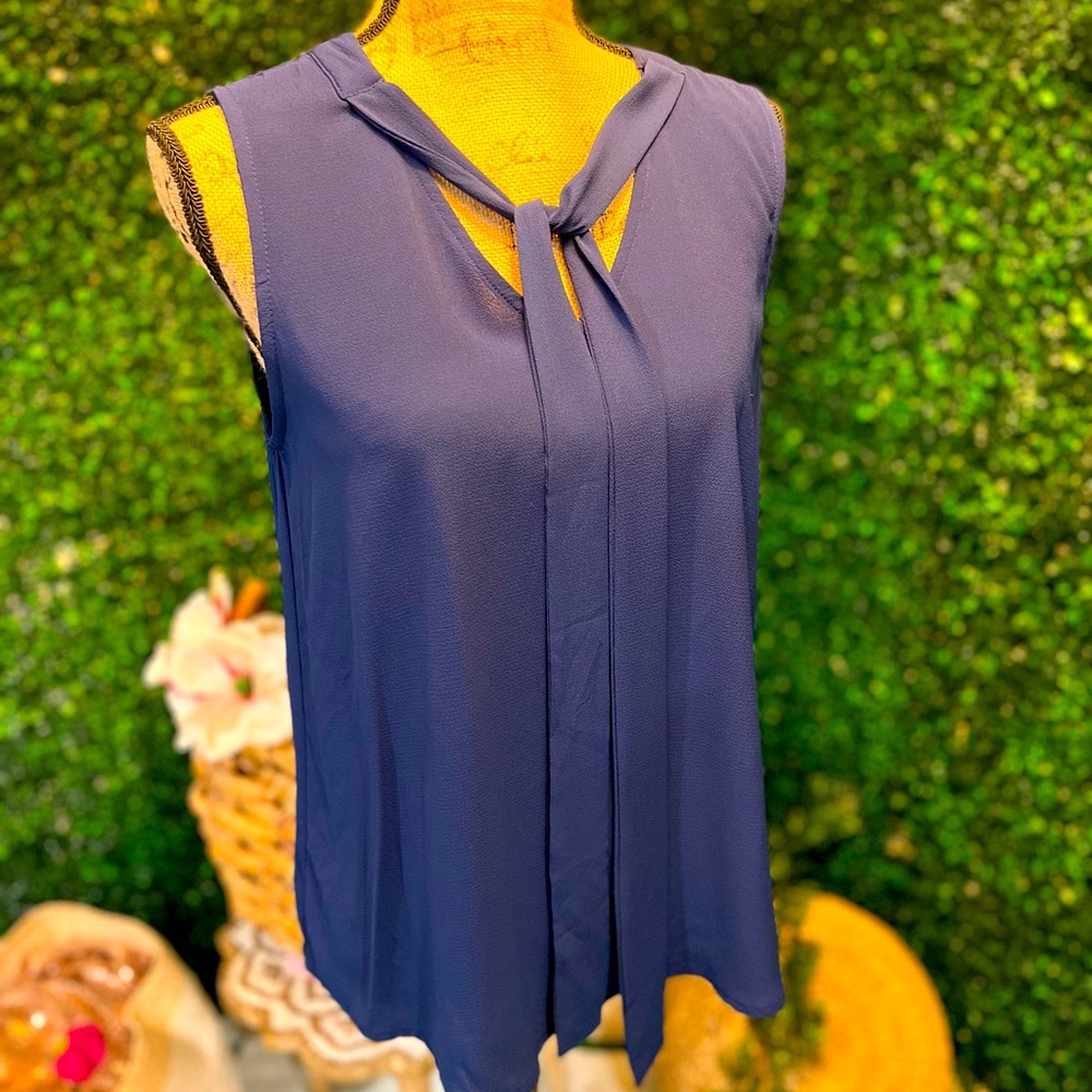 “Sweet Wanderer” royal blue sleeveless blouse with ribbon tie worn multiple ways
